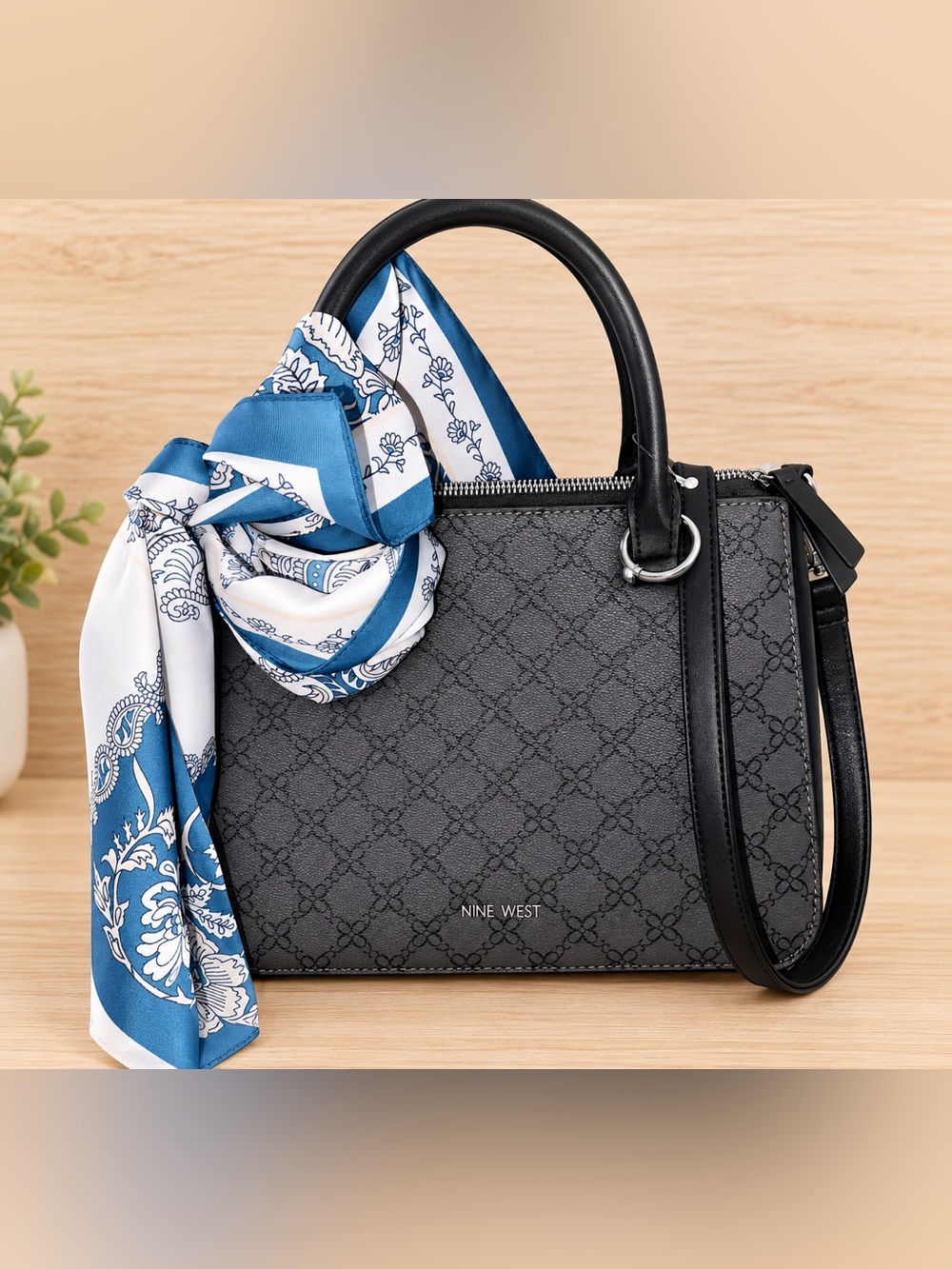 Nine West Black Logo-Print Shoulder Bag with Silver Logo comes with Scarf